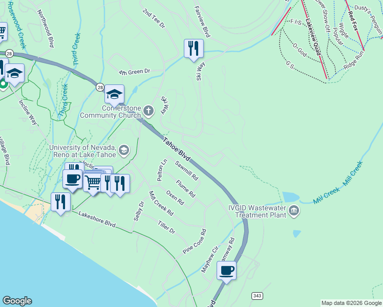 map of restaurants, bars, coffee shops, grocery stores, and more near 1032 Tomahawk Trail in Incline Village
