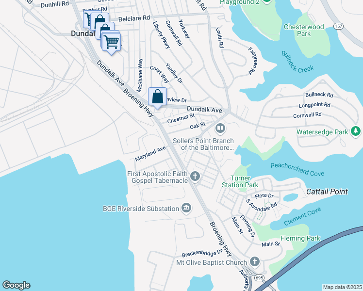 map of restaurants, bars, coffee shops, grocery stores, and more near 309 Main Street in Dundalk