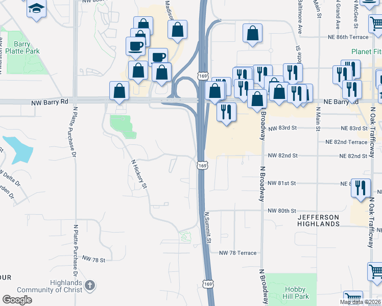 map of restaurants, bars, coffee shops, grocery stores, and more near 8101 North Madison Avenue in Kansas City