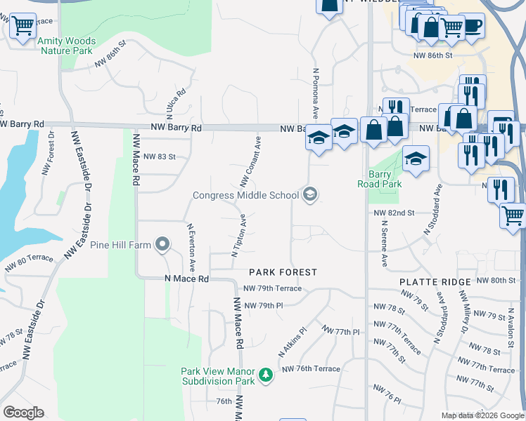 map of restaurants, bars, coffee shops, grocery stores, and more near 8102 Northwest 81 Place in Kansas City