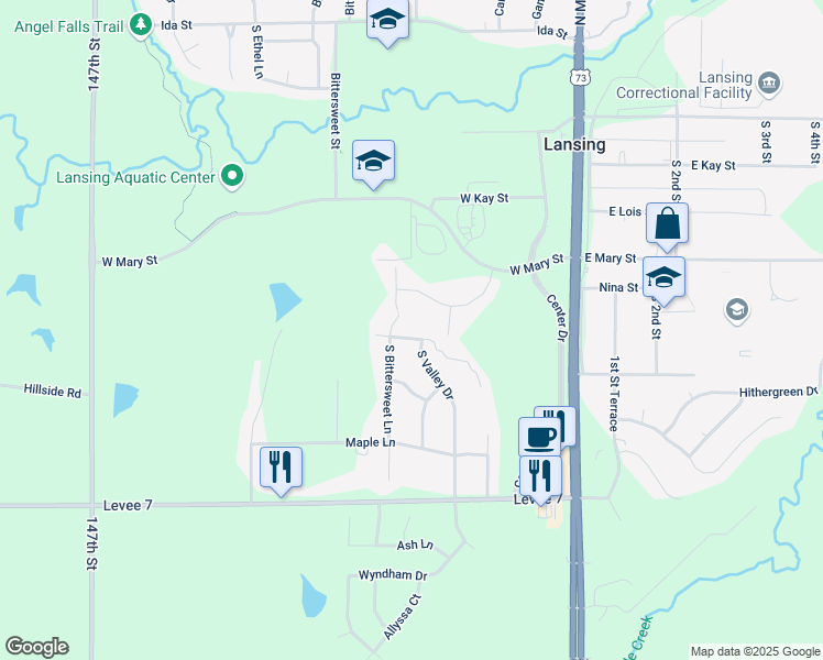map of restaurants, bars, coffee shops, grocery stores, and more near 312 Olive Street in Lansing
