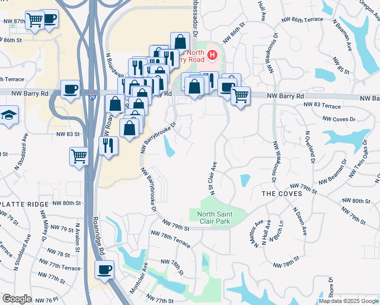 map of restaurants, bars, coffee shops, grocery stores, and more near 8219 North Revere Court in Kansas City