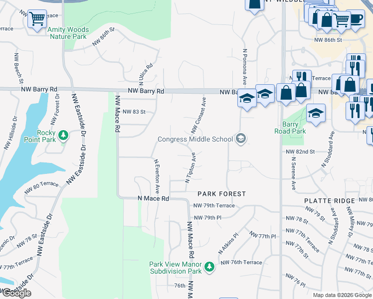 map of restaurants, bars, coffee shops, grocery stores, and more near 8210 Northwest 81 Place in Kansas City