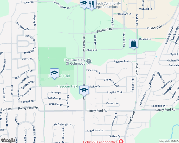 map of restaurants, bars, coffee shops, grocery stores, and more near 1923 Pinewood Drive in Columbus