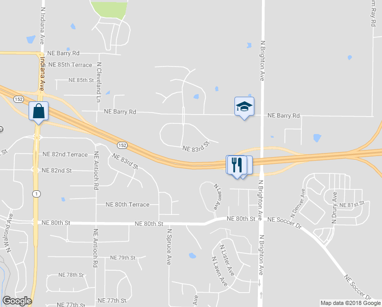 map of restaurants, bars, coffee shops, grocery stores, and more near 4439 Northeast 83rd Street in Kansas City