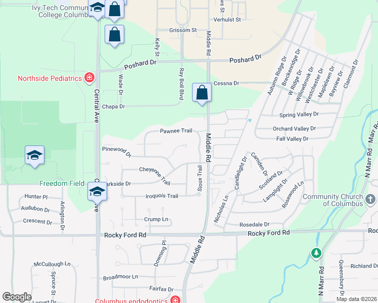map of restaurants, bars, coffee shops, grocery stores, and more near 3748 Pawnee Trail in Columbus