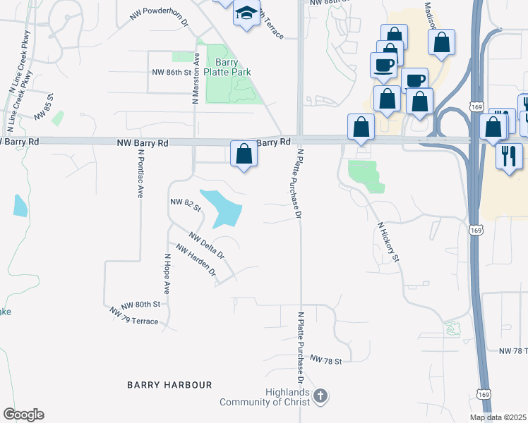 map of restaurants, bars, coffee shops, grocery stores, and more near 1931 Northwest 82nd Terrace in Kansas City