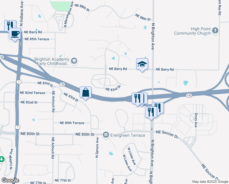 map of restaurants, bars, coffee shops, grocery stores, and more near 4541 Northeast 83rd Street in Kansas City