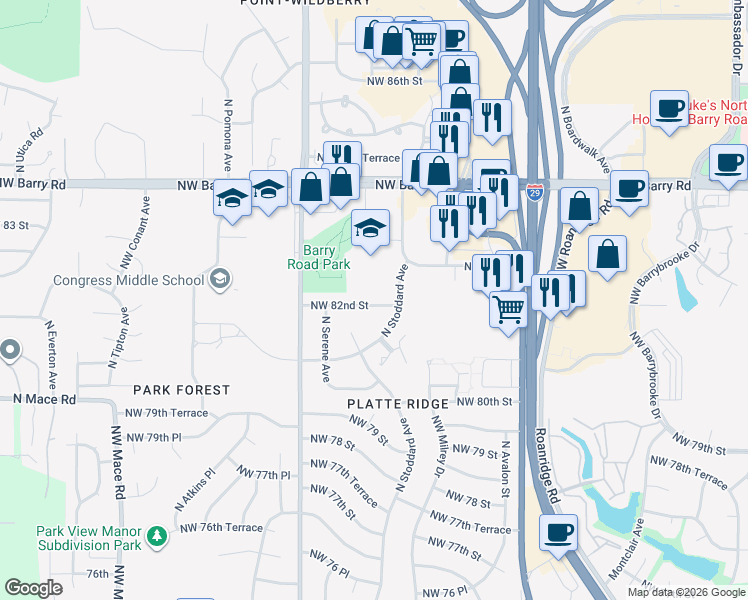 map of restaurants, bars, coffee shops, grocery stores, and more near 7314 Northwest 82nd Street in Kansas City