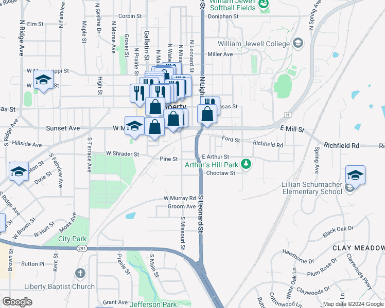 map of restaurants, bars, coffee shops, grocery stores, and more near 152 South Leonard Street in Liberty