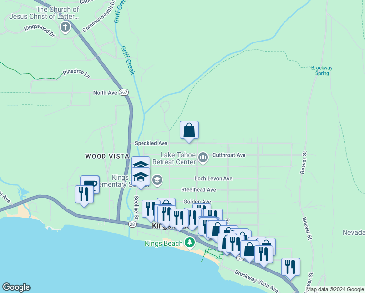 map of restaurants, bars, coffee shops, grocery stores, and more near 8348 Speckled Avenue in Kings Beach