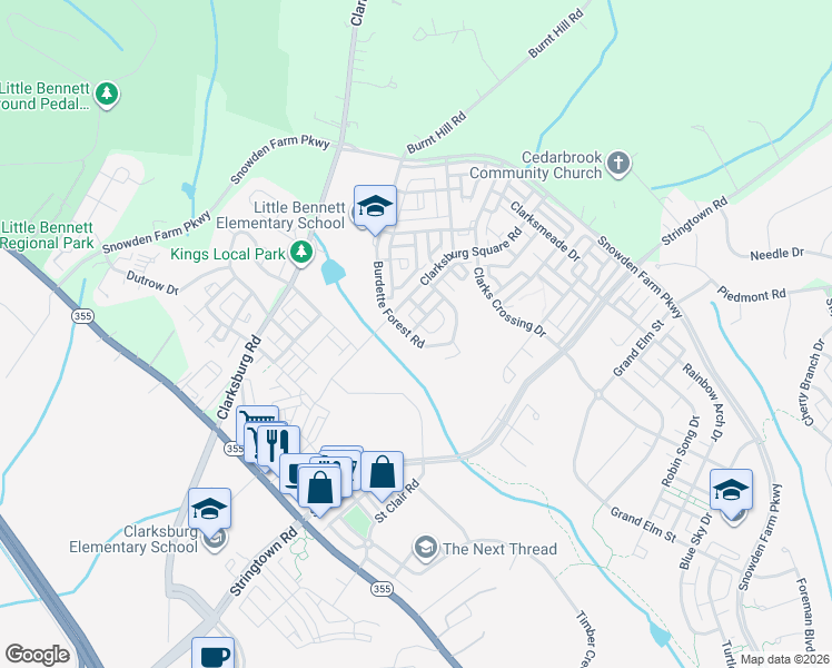 map of restaurants, bars, coffee shops, grocery stores, and more near 2 Clarksburg Square Road in Clarksburg