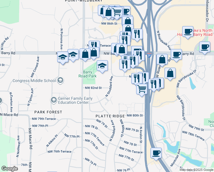 map of restaurants, bars, coffee shops, grocery stores, and more near 7306 Northwest 82 Street in Kansas City