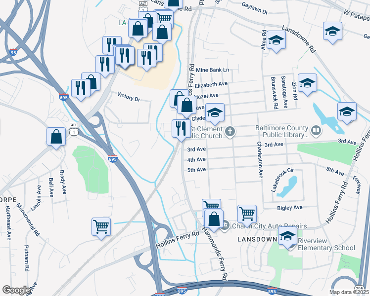 map of restaurants, bars, coffee shops, grocery stores, and more near 2719 Hammonds Ferry Road in Halethorpe