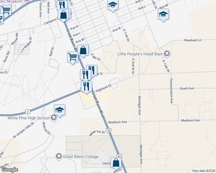 map of restaurants, bars, coffee shops, grocery stores, and more near 15 Highland Drive in Ely