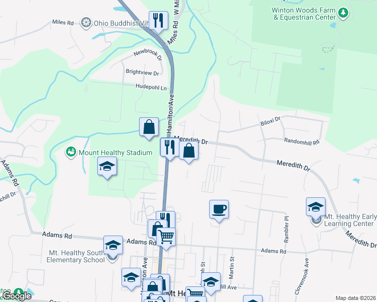 map of restaurants, bars, coffee shops, grocery stores, and more near 1559 Meredith Drive in Cincinnati