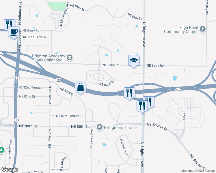 map of restaurants, bars, coffee shops, grocery stores, and more near 4541 Northeast 83rd Street in Kansas City