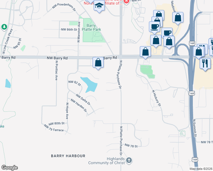 map of restaurants, bars, coffee shops, grocery stores, and more near 1931 Northwest 82nd Terrace in Kansas City