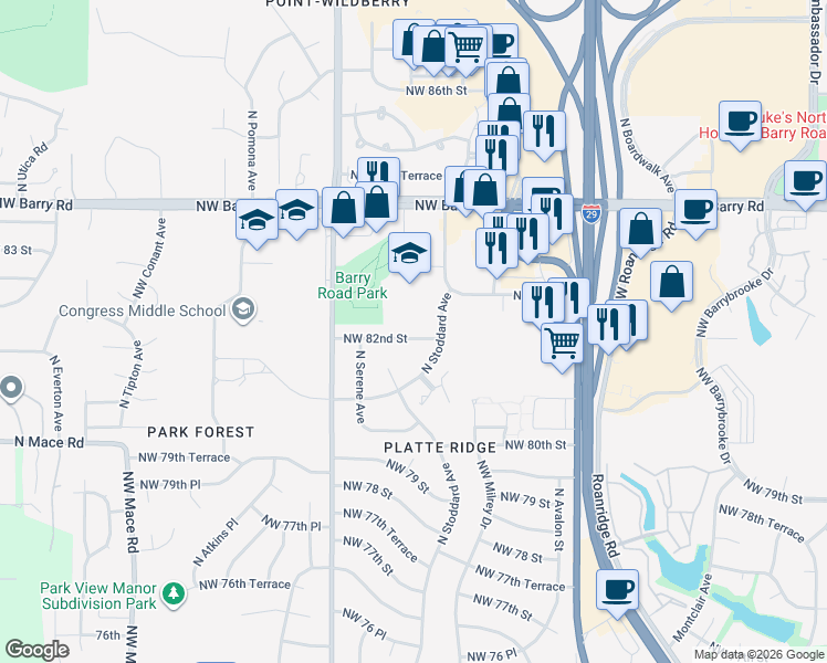 map of restaurants, bars, coffee shops, grocery stores, and more near 7314 Northwest 82nd Street in Kansas City