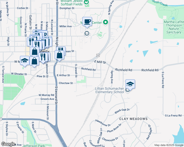 map of restaurants, bars, coffee shops, grocery stores, and more near 217 Winner Street in Liberty
