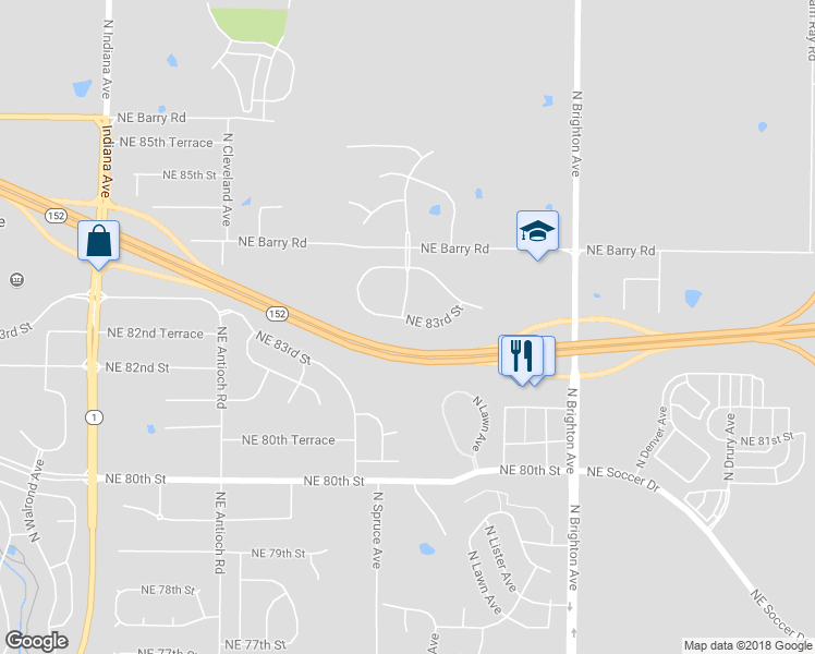 map of restaurants, bars, coffee shops, grocery stores, and more near 4405 Northeast 83rd Street in Kansas City