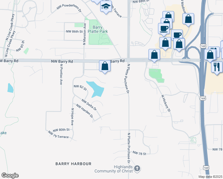 map of restaurants, bars, coffee shops, grocery stores, and more near 1931 Northwest 82nd Terrace in Kansas City