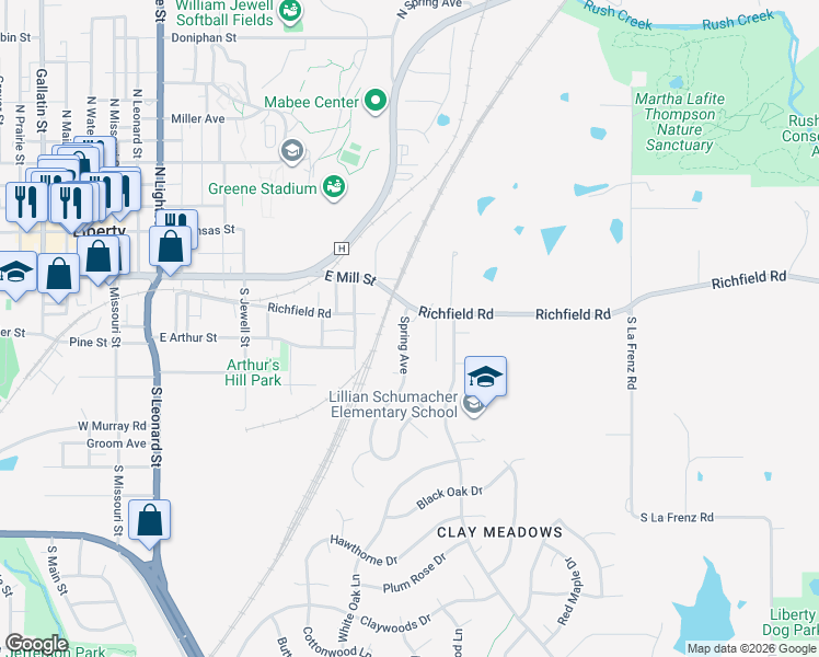 map of restaurants, bars, coffee shops, grocery stores, and more near 211 Spring Avenue in Liberty