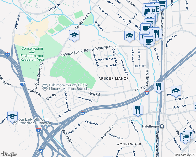 map of restaurants, bars, coffee shops, grocery stores, and more near 1207 Oakland Terrace Road in Halethorpe