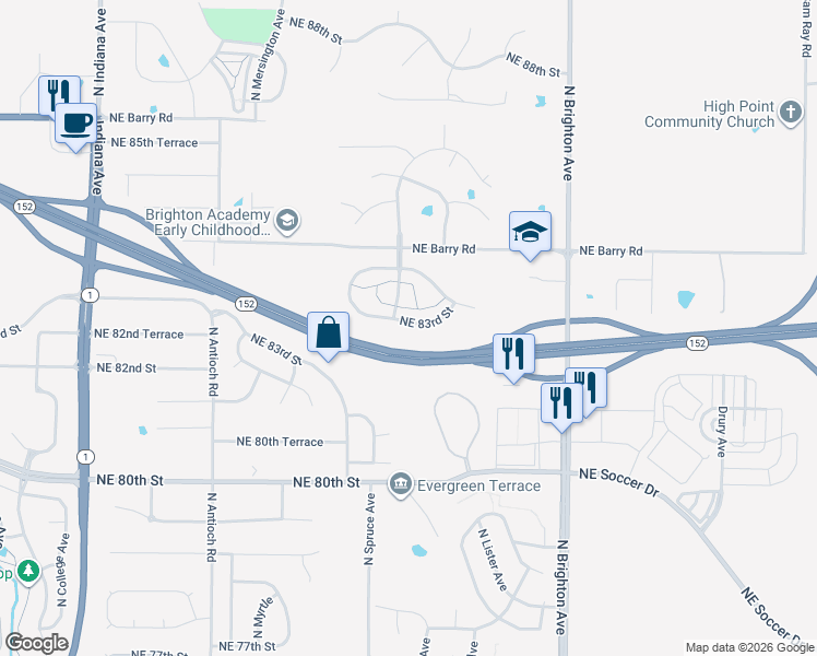 map of restaurants, bars, coffee shops, grocery stores, and more near 4423 Northeast 83rd Street in Kansas City