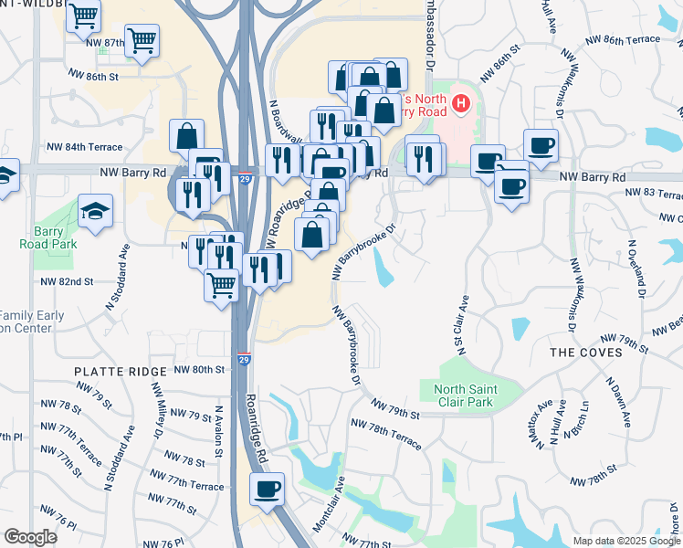 map of restaurants, bars, coffee shops, grocery stores, and more near 6334 Northwest 82 Court in Kansas City