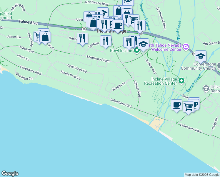 map of restaurants, bars, coffee shops, grocery stores, and more near 121 Juanita Drive in Incline Village