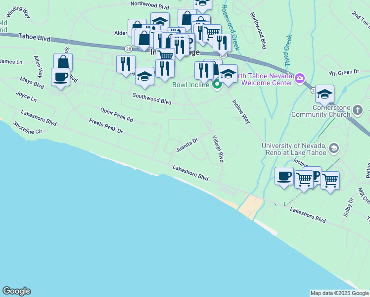 map of restaurants, bars, coffee shops, grocery stores, and more near 120 Juanita Drive in Incline Village