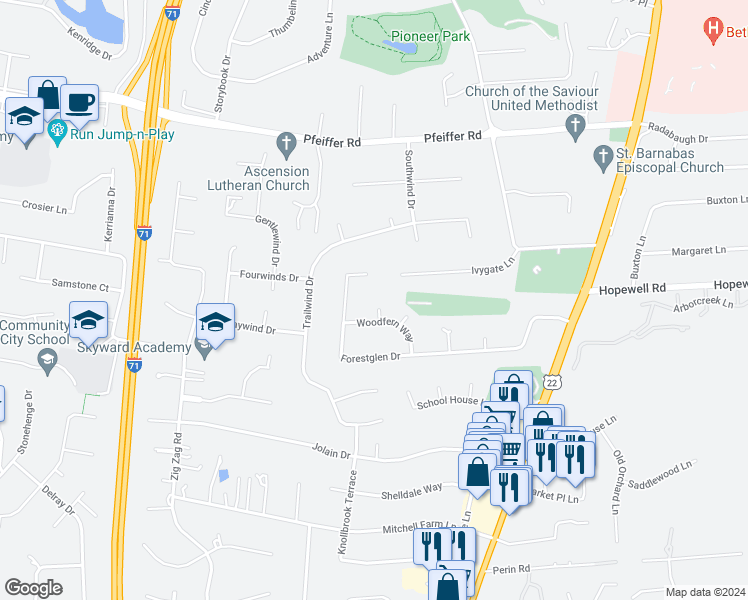 map of restaurants, bars, coffee shops, grocery stores, and more near 10204 Glenash Court in Cincinnati