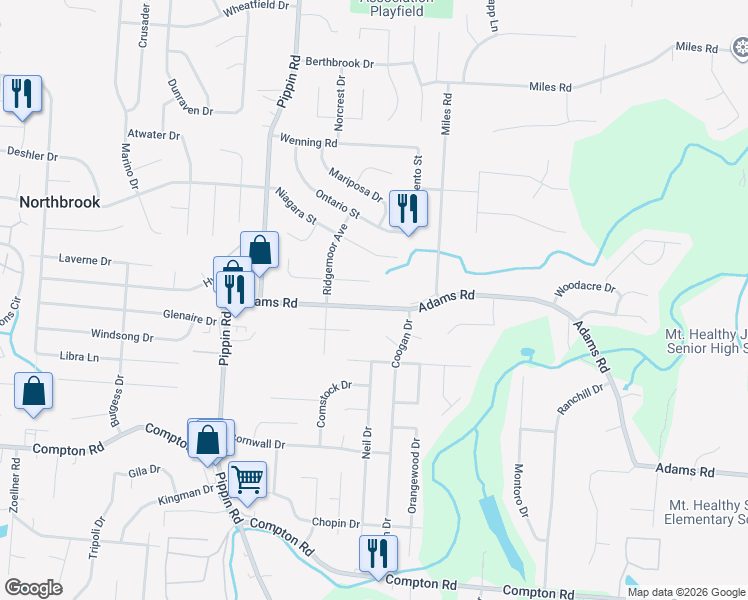 map of restaurants, bars, coffee shops, grocery stores, and more near 2524 Adams Road in Cincinnati