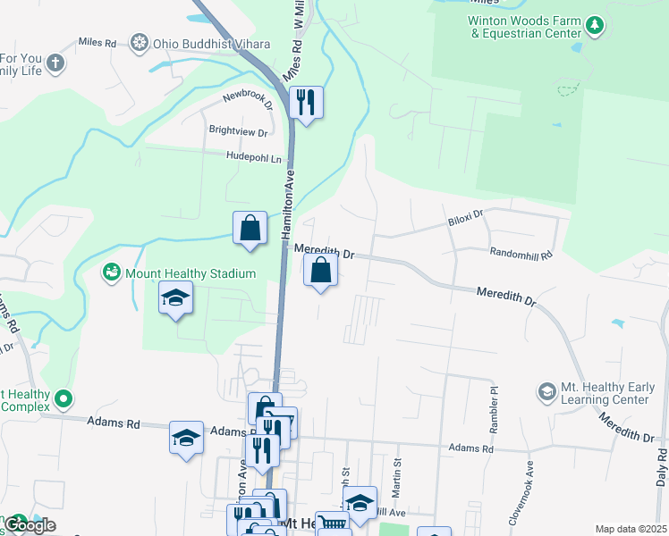 map of restaurants, bars, coffee shops, grocery stores, and more near 1549 Meredith Drive in Cincinnati