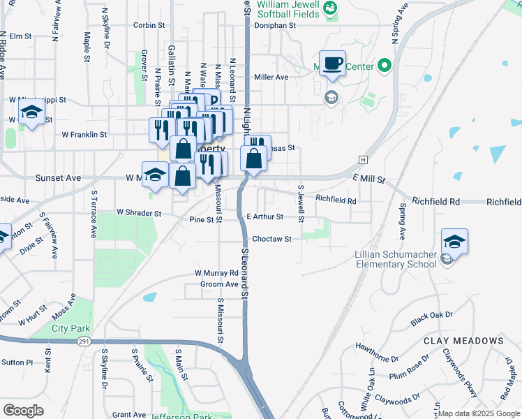 map of restaurants, bars, coffee shops, grocery stores, and more near 332 East Arthur Street in Liberty