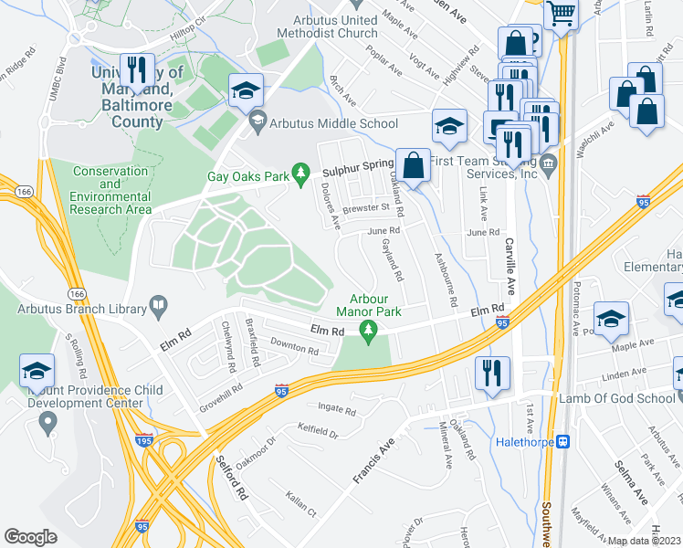 map of restaurants, bars, coffee shops, grocery stores, and more near 1207 Oakland Terrace Road in Halethorpe