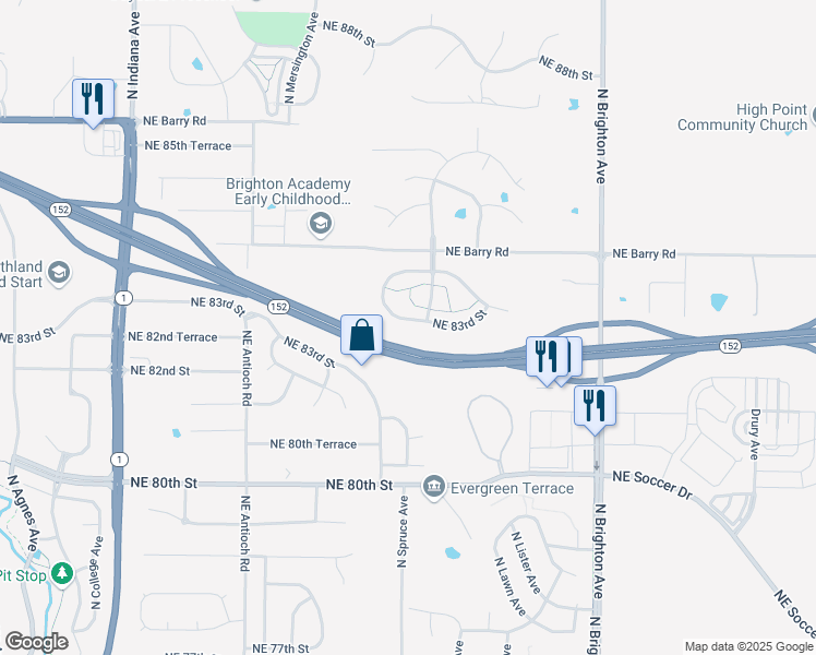 map of restaurants, bars, coffee shops, grocery stores, and more near 4341 Northeast 83rd Street in Kansas City