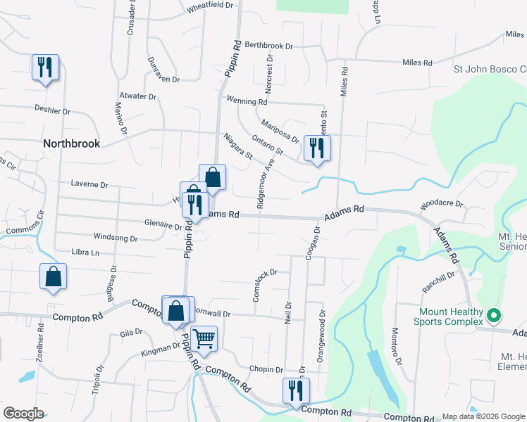 map of restaurants, bars, coffee shops, grocery stores, and more near 2573 Adams Road in Cincinnati