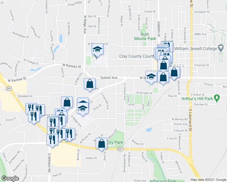 map of restaurants, bars, coffee shops, grocery stores, and more near 508 Thornton Street in Liberty