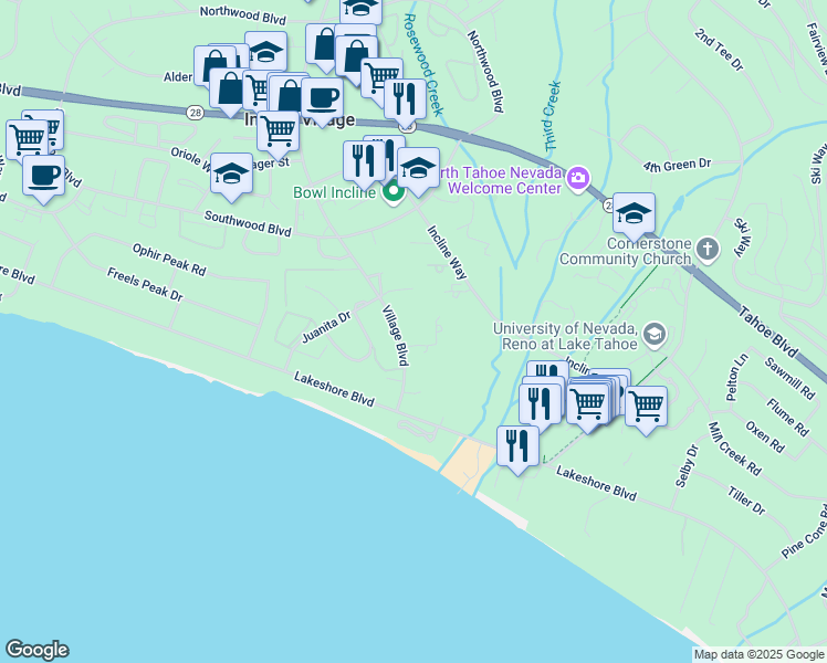 map of restaurants, bars, coffee shops, grocery stores, and more near 120 Village Boulevard in Incline Village