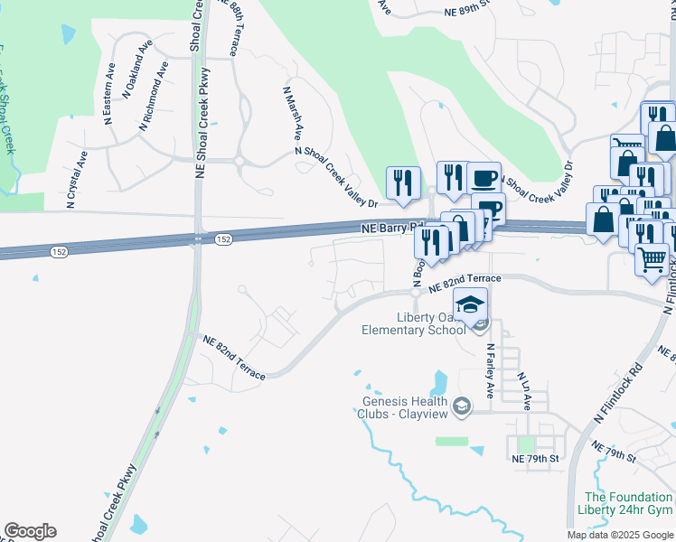 map of restaurants, bars, coffee shops, grocery stores, and more near 8301 North Skiles Avenue in Kansas City