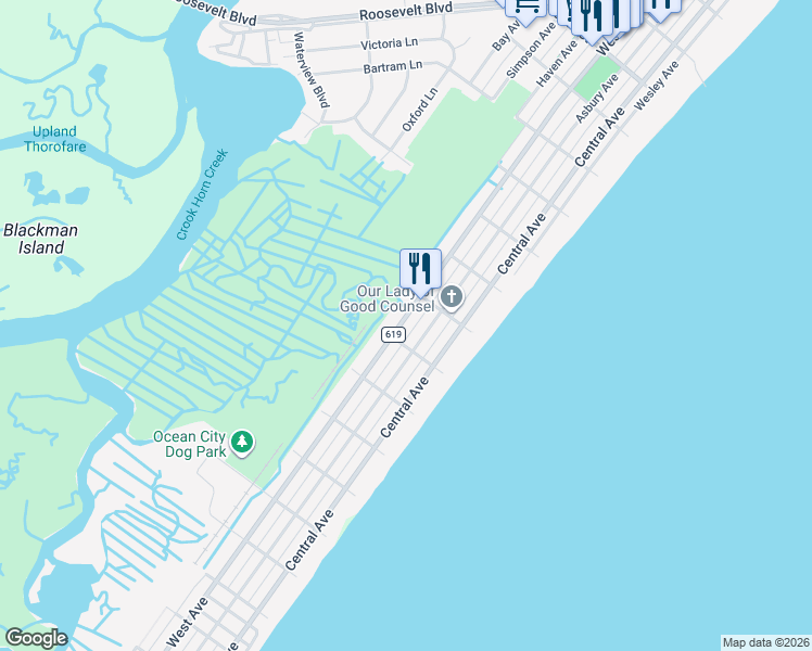 map of restaurants, bars, coffee shops, grocery stores, and more near 4036 Asbury Avenue in Ocean City