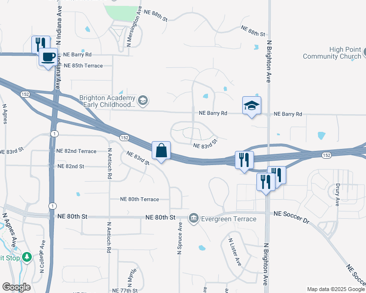 map of restaurants, bars, coffee shops, grocery stores, and more near 4327 Northeast 83rd Street in Kansas City