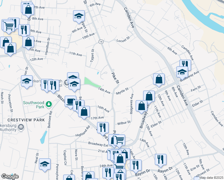 map of restaurants, bars, coffee shops, grocery stores, and more near 2630 14th Avenue in Parkersburg