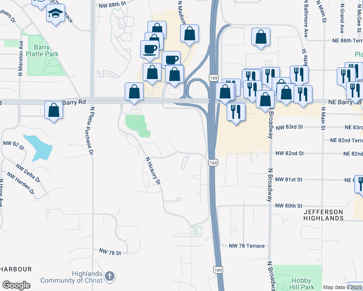 map of restaurants, bars, coffee shops, grocery stores, and more near 8161 North Thomas Meyers Drive in Kansas City