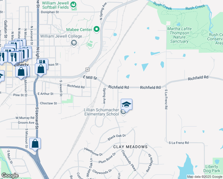 map of restaurants, bars, coffee shops, grocery stores, and more near 200 Richfield Court in Liberty