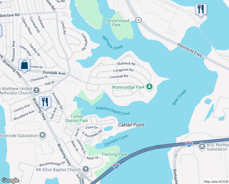 map of restaurants, bars, coffee shops, grocery stores, and more near 8201 Watersedge Road in Dundalk