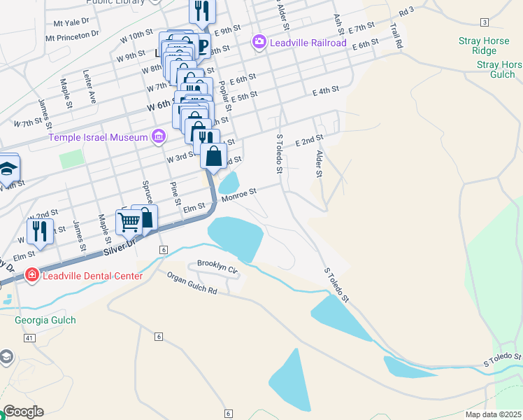 map of restaurants, bars, coffee shops, grocery stores, and more near 175 South Toledo Avenue in Leadville