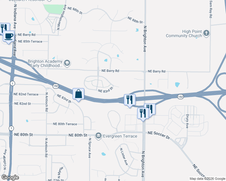 map of restaurants, bars, coffee shops, grocery stores, and more near 4541 Northeast 83rd Street in Kansas City